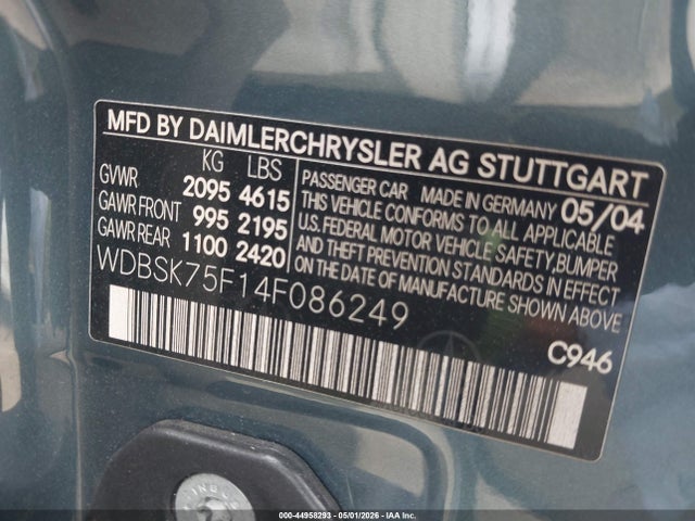Aukcja sprzedaży 2004 Mercedes-benz Sl 500, vin: WDBSK75F14F086249, numer aukcji: 44958293