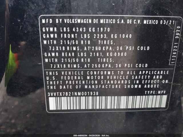 Aukcja sprzedaży 2022 Volkswagen Taos 1.5t Se, vin: 3VVTX7B21NM001938, numer aukcji: 44958294