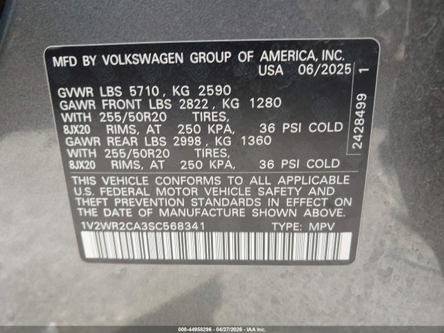 Продаж на аукціоні авто 2025 Volkswagen Atlas 2.0t Se W/technology, vin: 1V2WR2CA3SC568341, номер лоту: 44958296