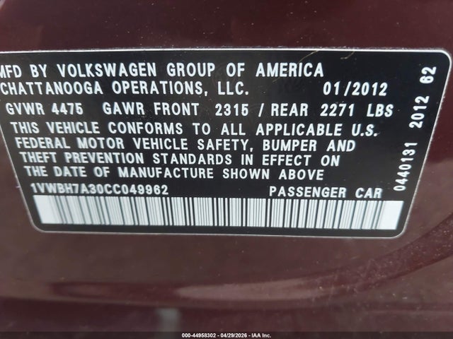 Продаж на аукціоні авто 2012 Volkswagen Passat 2.5l Se, vin: 1VWBH7A30CC049962, номер лоту: 44958302