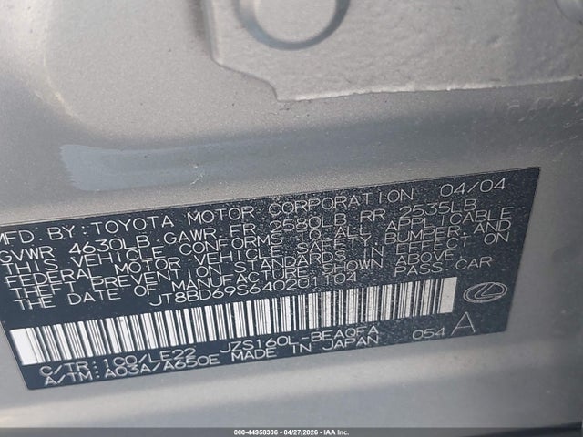 Aukcja sprzedaży 2004 Lexus Gs 300, vin: JT8BD69S640201104, numer aukcji: 44958306