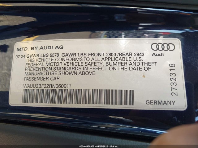 2024 Audi A7 Sportback Premium Plus 55 Tfsi Quattro S Tronic მანქანა იყიდება აუქციონზე, vin: WAUU2BF22RN060911, აუქციონის ნომერი: 44958307