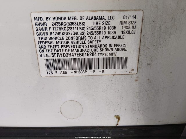 44958308 :رقم المزاد ، 5FRYD3H47EB016204 vin ، 2014 Acura Mdx Technology Package مزاد بيع