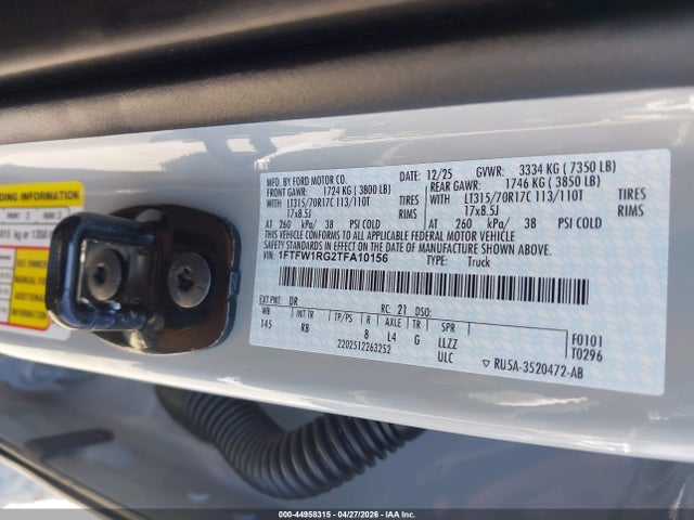 Продаж на аукціоні авто 2026 Ford F-150 Raptor, vin: 1FTFW1RG2TFA10156, номер лоту: 44958315