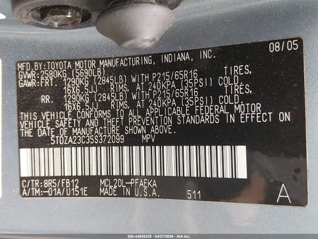 44958326 :رقم المزاد ، 5TDZA23C35S372099 vin ، 2005 Toyota Sienna Le مزاد بيع