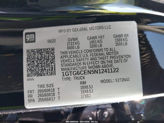 44958346 :رقم المزاد ، 1GTG6CEN5N1241122 vin ، 2022 Gmc Canyon 4wd  Short Box Elevation مزاد بيع