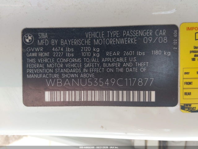 Aukcja sprzedaży 2009 Bmw 528i, vin: WBANU53549C117877, numer aukcji: 44958369