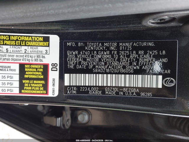Aukcja sprzedaży 2025 Lexus Es 350, vin: 58ADZ1B12SU196056, numer aukcji: 44958400