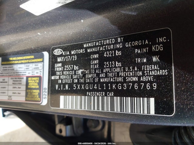44958408 :رقم المزاد ، 5XXGU4L11KG376769 vin ، 2019 Kia Optima Ex مزاد بيع