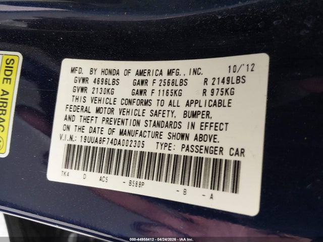 Aukcja sprzedaży 2013 Acura Tl 3.5, vin: 19UUA8F74DA002305, numer aukcji: 44958412