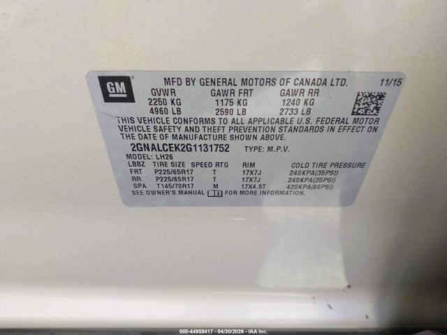 2016 Chevrolet Equinox Lt მანქანა იყიდება აუქციონზე, vin: 2GNALCEK2G1131752, აუქციონის ნომერი: 44958417