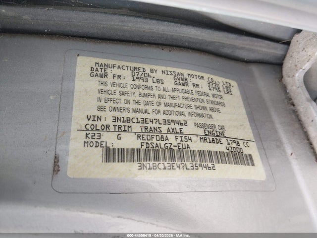 Aukcja sprzedaży 2007 Nissan Versa 1.8sl, vin: 3N1BC13E47L359462, numer aukcji: 44958419