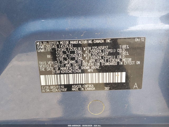 Продаж на аукціоні авто 2012 Toyota Rav4, vin: 2T3BF4DVXCW212408, номер лоту: 44958426