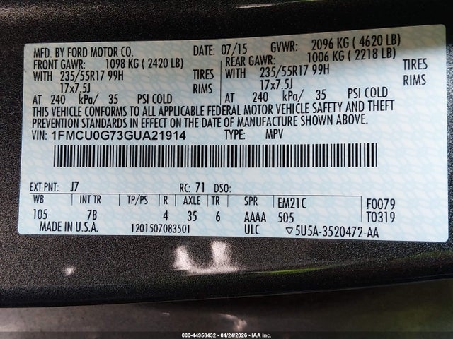 1FMCU0G73GUA21914 Ford ESCAPE SE