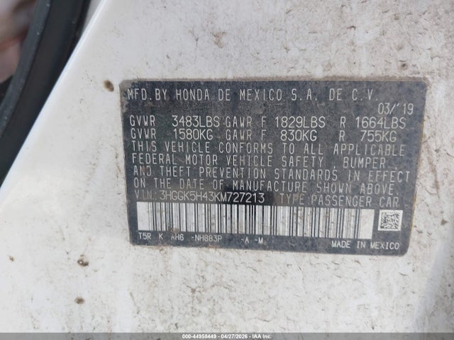 2019 Honda Fit Lx მანქანა იყიდება აუქციონზე, vin: 3HGGK5H43KM727213, აუქციონის ნომერი: 44958449