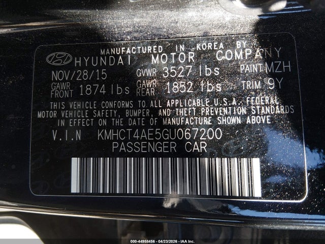 44958456 :رقم المزاد ، KMHCT4AE5GU067200 vin ، 2016 Hyundai Accent Se مزاد بيع
