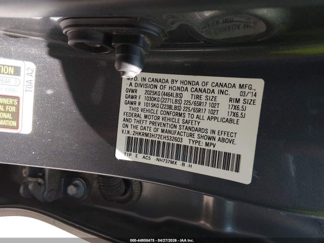 44958475 :رقم المزاد ، 2HKRM3H72EH532603 vin ، 2014 Honda Cr-v Ex-l مزاد بيع