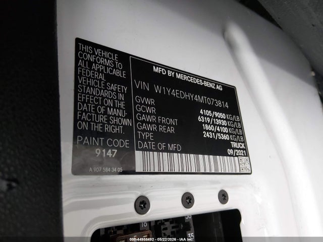 44958492 :رقم المزاد ، W1Y4EDHY4MT073814 vin ، 2021 Mercedes-benz Sprinter 2500 High Roof V6 مزاد بيع