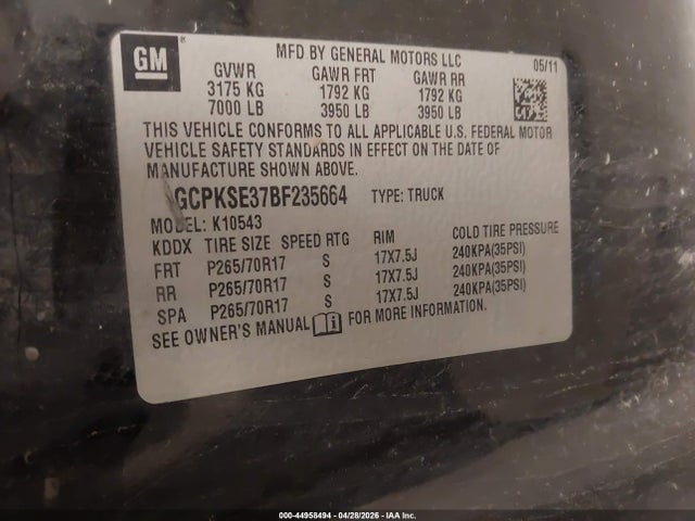 44958494 :رقم المزاد ، 1GCPKSE37BF235664 vin ، 2011 Chevrolet Silverado 1500 Lt مزاد بيع