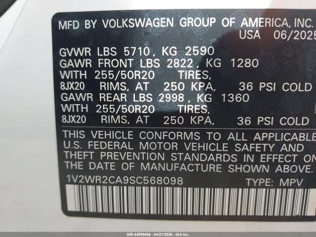 Продаж на аукціоні авто 2025 Volkswagen Atlas 2.0t Se W/technology, vin: 1V2WR2CA9SC568098, номер лоту: 44958496