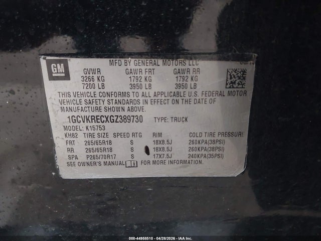 44958510 :رقم المزاد ، 1GCVKRECXGZ389730 vin ، 2016 Chevrolet Silverado 1500 2lt مزاد بيع