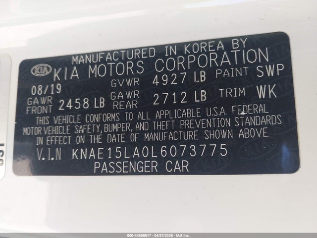 44958517 :رقم المزاد ، KNAE15LA0L6073775 vin ، 2020 Kia Stinger Gt-line مزاد بيع
