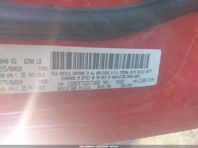 Aukcja sprzedaży 2012 Ram 1500 St, vin: 1C6RD7FT1CS171023, numer aukcji: 44958531