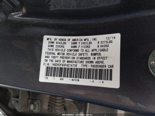 2015 Honda Accord Ex-l V-6 მანქანა იყიდება აუქციონზე, vin: 1HGCR3F85FA014739, აუქციონის ნომერი: 44958542