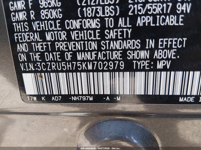 3CZRU5H75KM702979 Honda Hr-v Ex-l