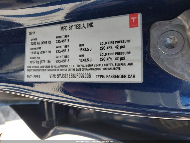 5YJ3E1EB6JF092006 Tesla Model 3 Long Range/performance