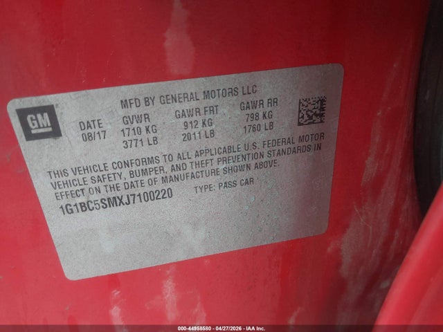 2018 Chevrolet Cruze Ls Auto მანქანა იყიდება აუქციონზე, vin: 1G1BC5SMXJ7100220, აუქციონის ნომერი: 44958580