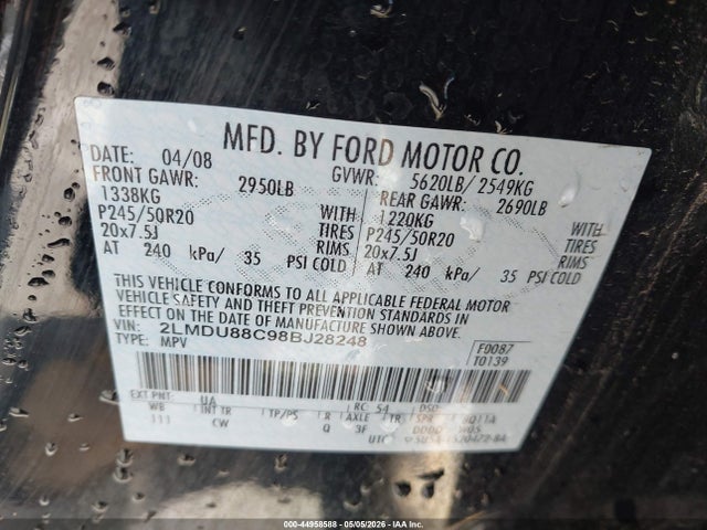 44958588 :رقم المزاد ، 2LMDU88C98BJ28248 vin ، 2008 Lincoln Mkx مزاد بيع