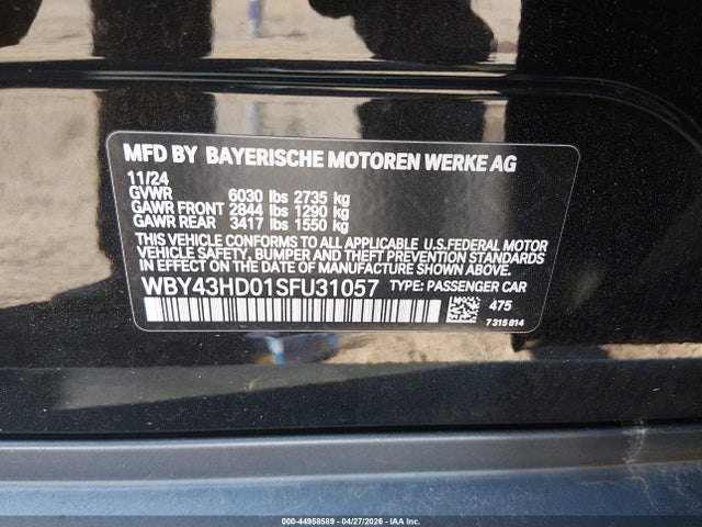 Aukcja sprzedaży 2025 Bmw I4 Gran Coupe Xdrive40, vin: WBY43HD01SFU31057, numer aukcji: 44958589
