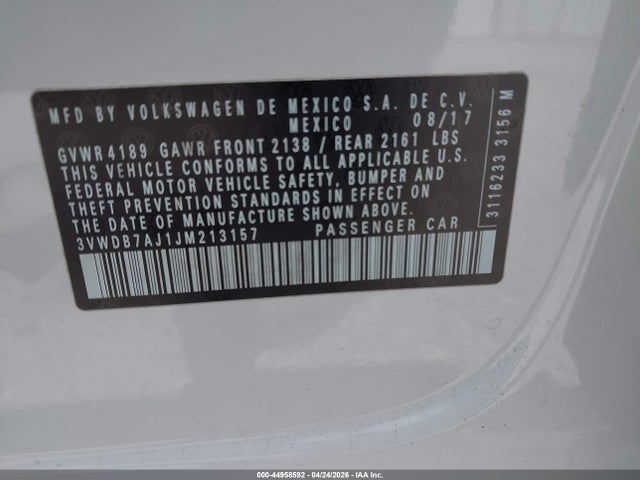 44958592 :رقم المزاد ، 3VWDB7AJ1JM213157 vin ، 2018 Volkswagen Jetta 1.4t Se/1.4t Wolfsburg Edition مزاد بيع