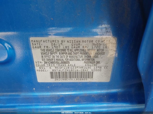 44958593 :رقم المزاد ، 3N1CN8EV5LL808825 vin ، 2020 Nissan Versa Sv Xtronic Cvt مزاد بيع