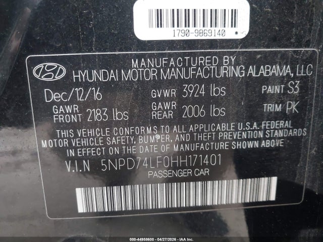 2017 Hyundai Elantra Se მანქანა იყიდება აუქციონზე, vin: 5NPD74LF0HH171401, აუქციონის ნომერი: 44958600