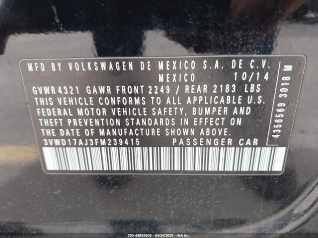 44958609 :رقم المزاد ، 3VWD17AJ3FM239415 vin ، 2015 Volkswagen Jetta 1.8t Se مزاد بيع