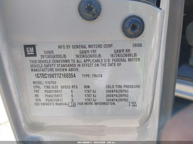 44958611 :رقم المزاد ، 1GTEC19V77Z168354 vin ، 2007 Gmc Sierra 1500 Classic Sle1 مزاد بيع