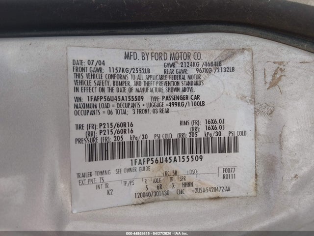 Продажа на аукционе авто 2005 Ford Taurus Sel, vin: 1FAFP56U45A155509, номер лота: 44958615