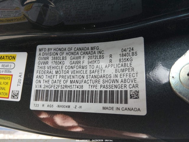 Honda Civic Sport 2024 2HGFE2F52RH577438 Image 9