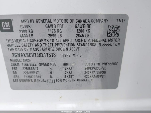 44958637 :رقم المزاد ، 2GNAXSEV7J6217318 vin ، 2018 Chevrolet Equinox Lt مزاد بيع