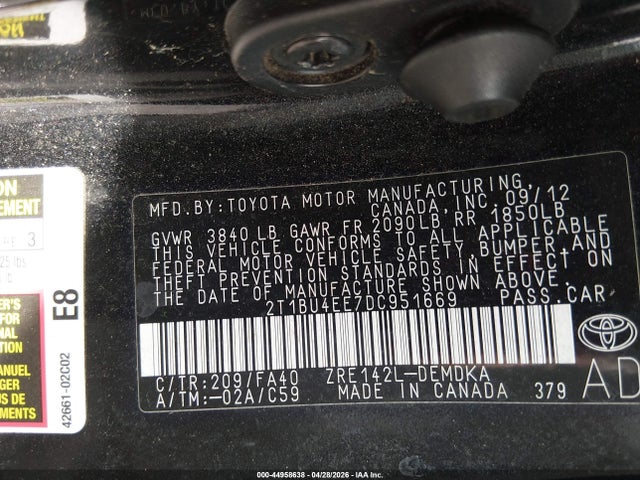 44958638 :رقم المزاد ، 2T1BU4EE7DC951669 vin ، 2013 Toyota Corolla L مزاد بيع