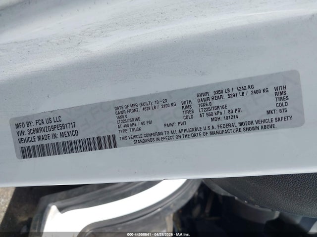 44958641 :رقم المزاد ، 3C6MRVZG9PE591717 vin ، 2023 Ram Promaster 3500 Cargo Van Super High Roof 159 Wb Ext مزاد بيع