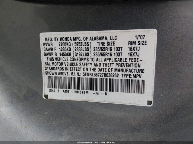 2007 Honda Odyssey Ex-l მანქანა იყიდება აუქციონზე, vin: 5FNRL38727B038262, აუქციონის ნომერი: 44958648
