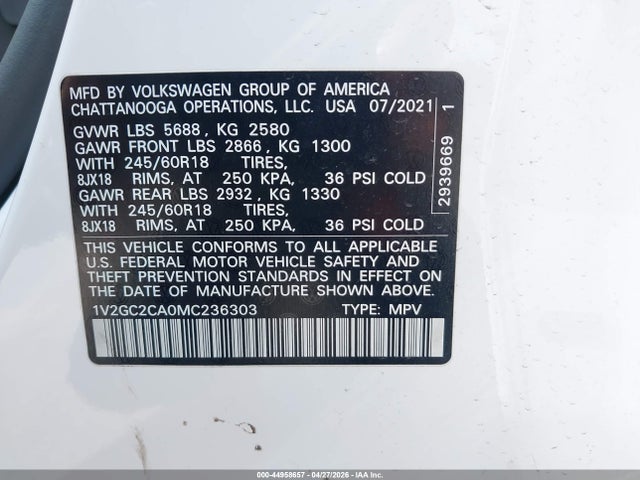 Продажа на аукционе авто 2021 Volkswagen Atlas Cross Sport 2.0t S, vin: 1V2GC2CA0MC236303, номер лота: 44958657