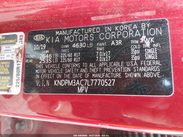 Aukcja sprzedaży 2020 Kia Sportage Lx, vin: KNDPM3AC7L7770527, numer aukcji: 44958668