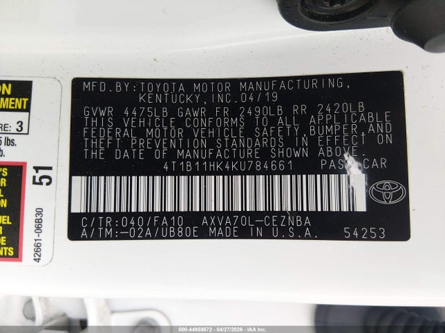 44958672 :رقم المزاد ، 4T1B11HK4KU784661 vin ، 2019 Toyota Camry Le مزاد بيع