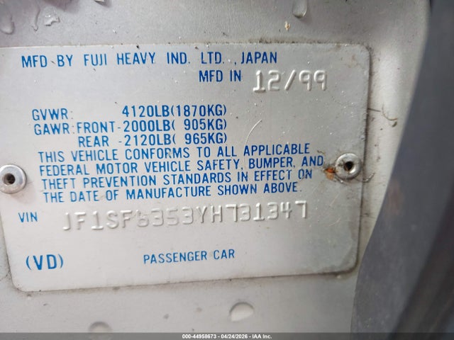 44958673 :رقم المزاد ، JF1SF6353YH731347 vin ، 2000 Subaru Forester L مزاد بيع