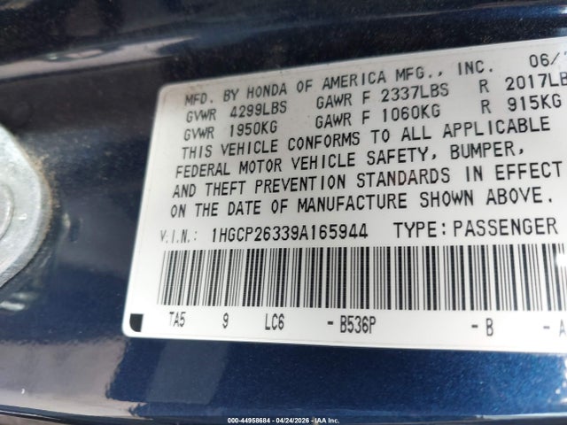 44958684 :رقم المزاد ، 1HGCP26339A165944 vin ، 2009 Honda Accord 2.4 Lx مزاد بيع