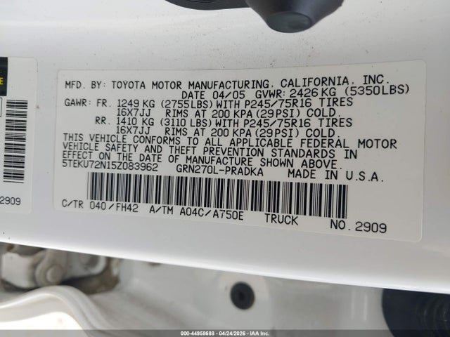 Продаж на аукціоні авто 2005 Toyota Tacoma Prerunner V6, vin: 5TEKU72N15Z083962, номер лоту: 44958688